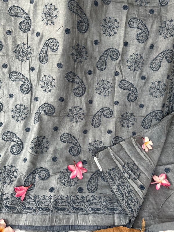 grey tussar silk chikankari saree