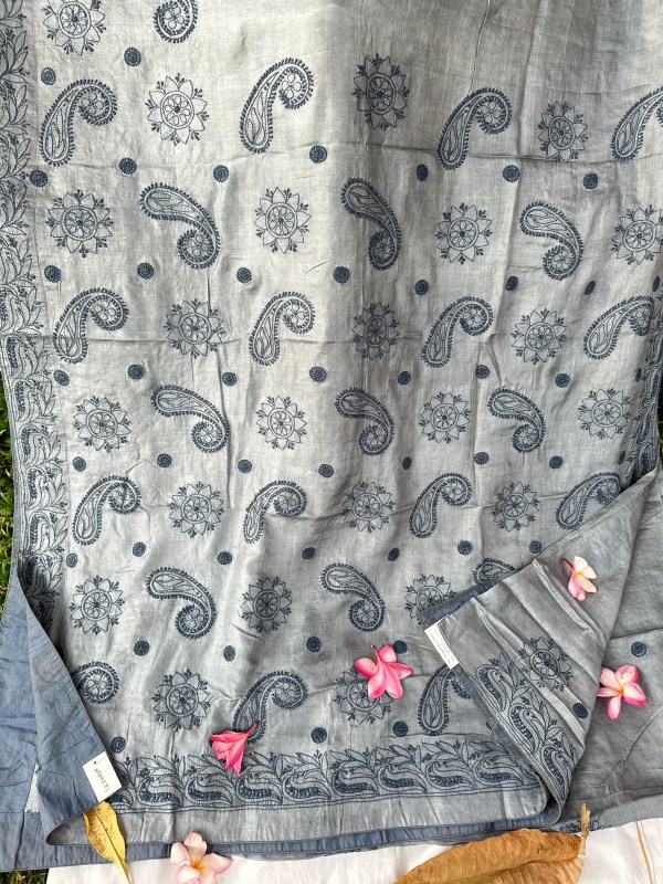 Grey Muga Tussar Silk Chikankari Saree & Blouse