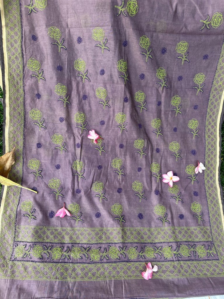 lilac chanderi chikankari saree with blouse