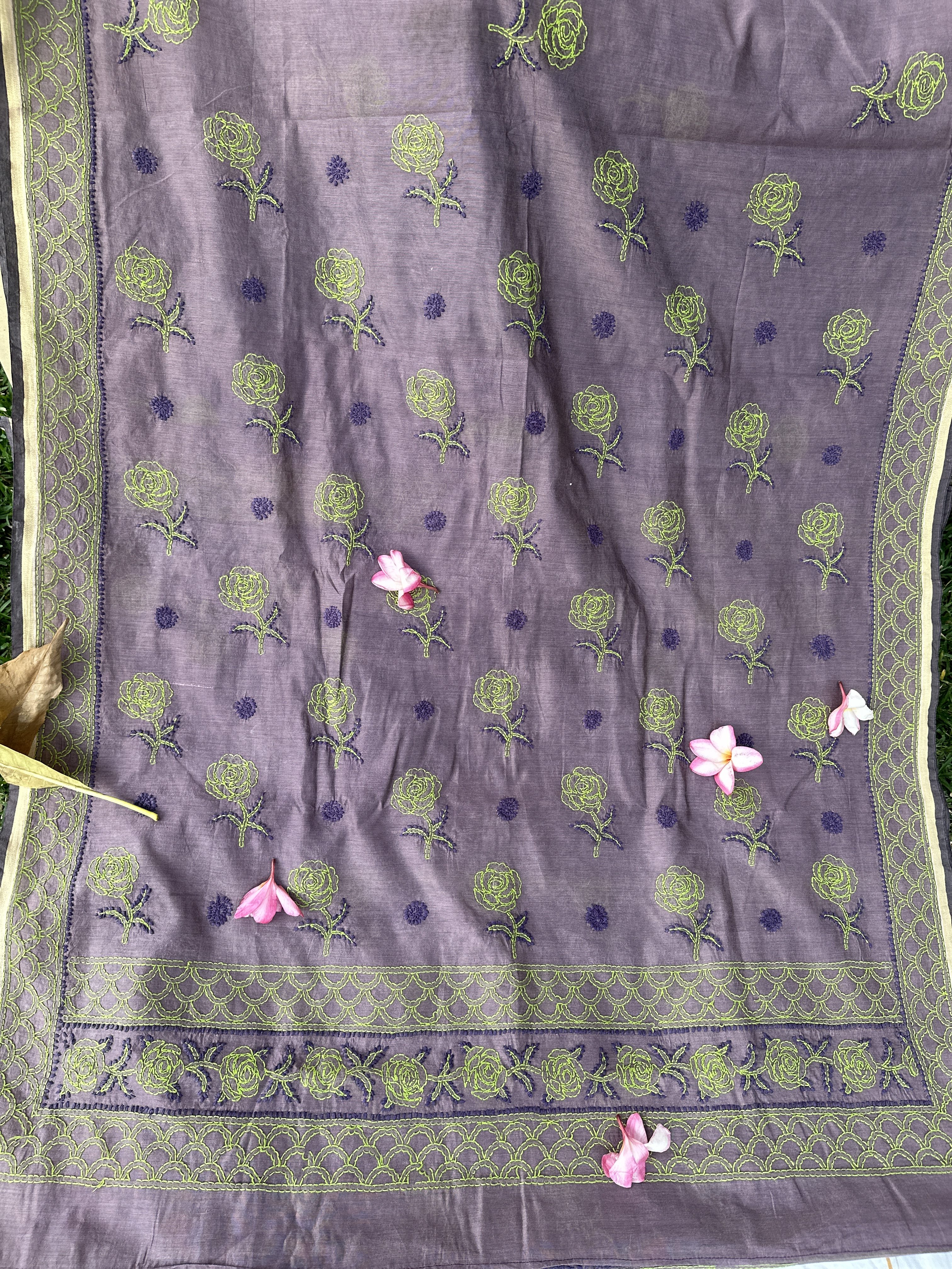 lilac chanderi chikankari saree with blouse