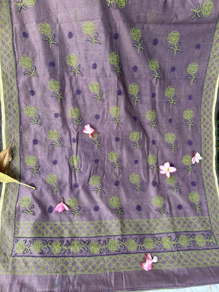 lilac chanderi chikankari saree with blouse