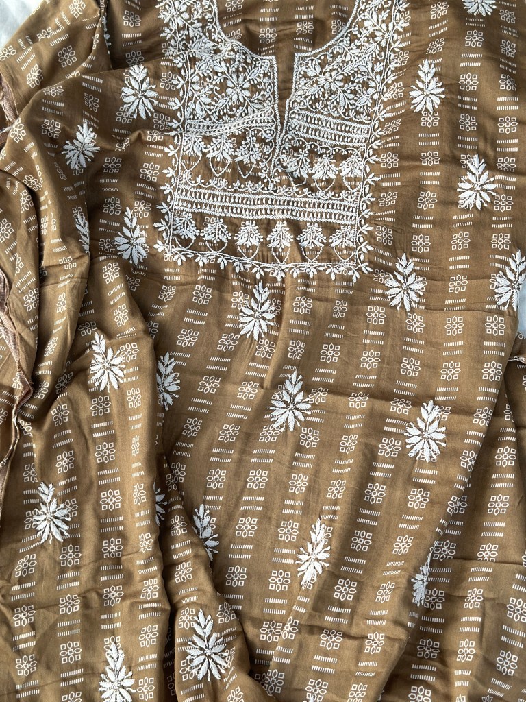 brown modal cotton chikankari kurta piece
