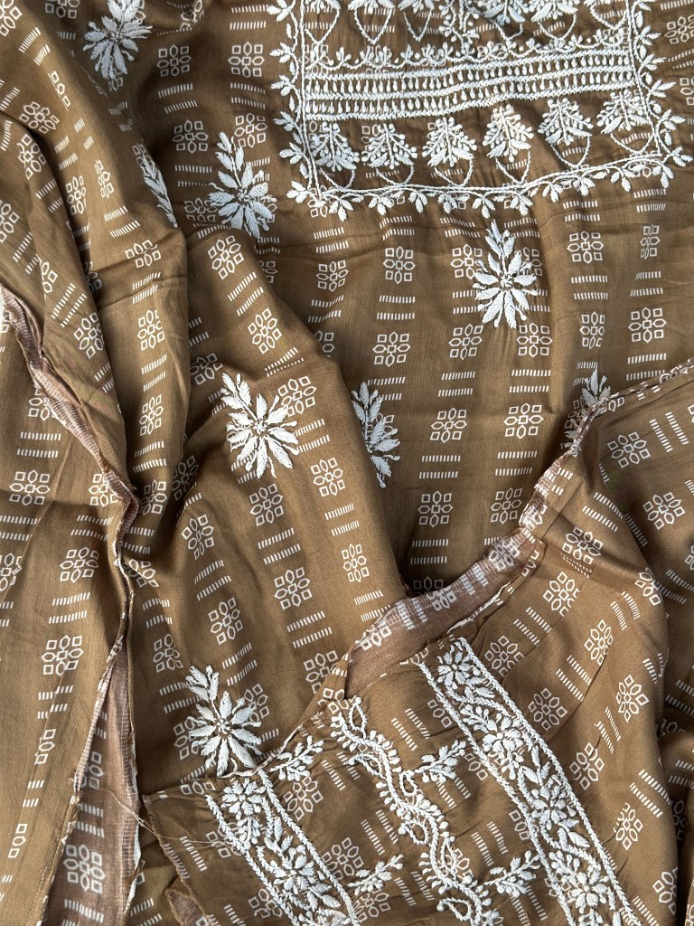 brown modal cotton chikankari kurta piece