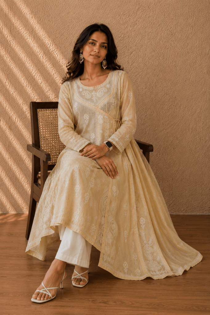 Fawn Cotton Mul Angarkha Chikankari Anarkali