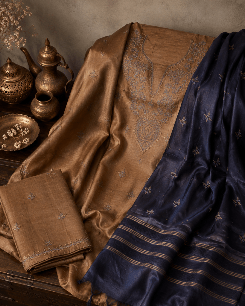 Caramel yellow Tussar Silk Kurta Dupatta & Pant Fabric