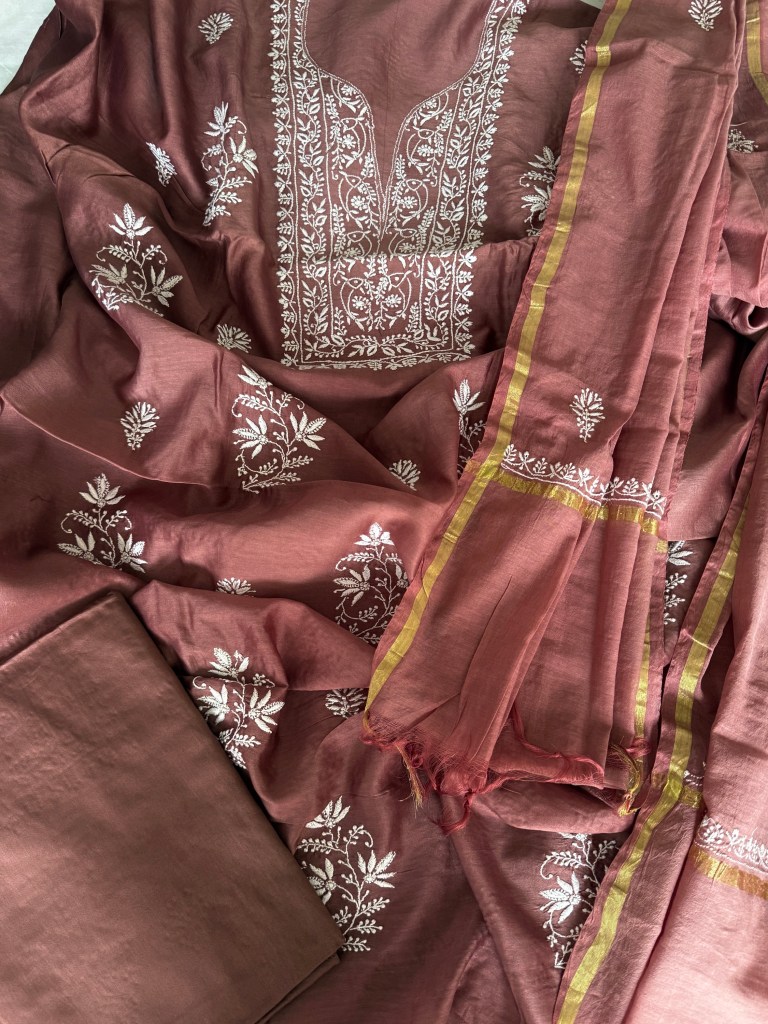 Chestnut brown chanderi Kurta Dupatta Pant Fabric