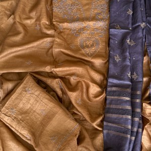 Caramel yellow Tussar Silk Kurta Dupatta & Pant Fabric - Image 4