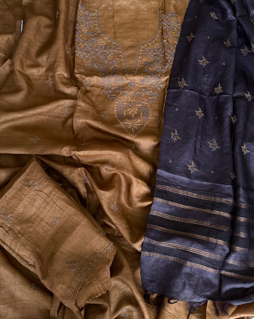 Caramel yellow Tussar Silk Kurta Dupatta & Pant Fabric
