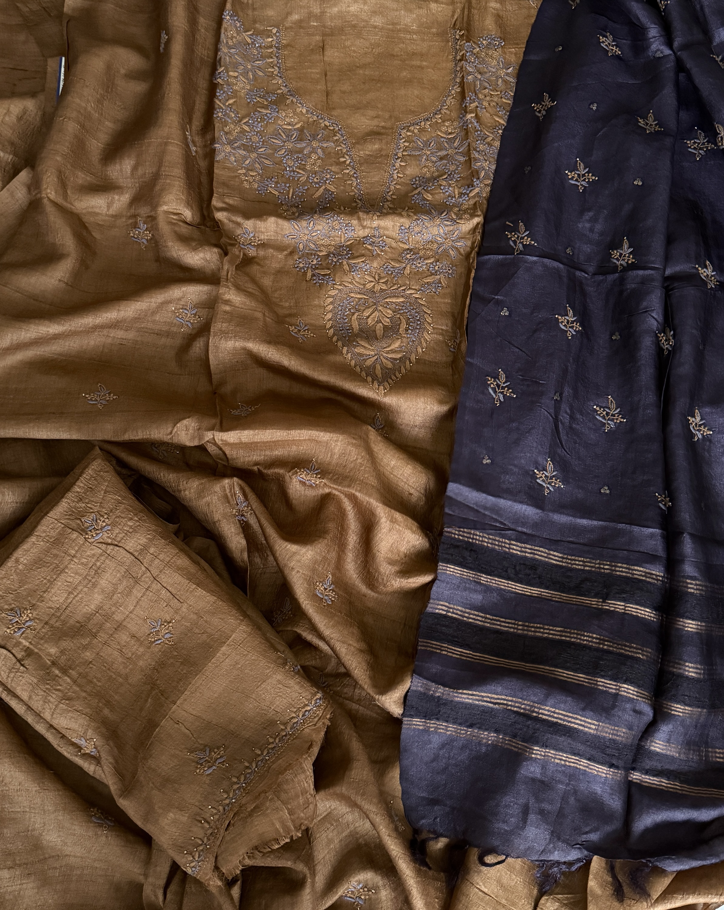 Caramel yellow Tussar Silk Kurta Dupatta & Pant Fabric - Image 3