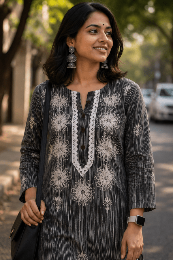 Black Daram Fabric Chikankari Kurti