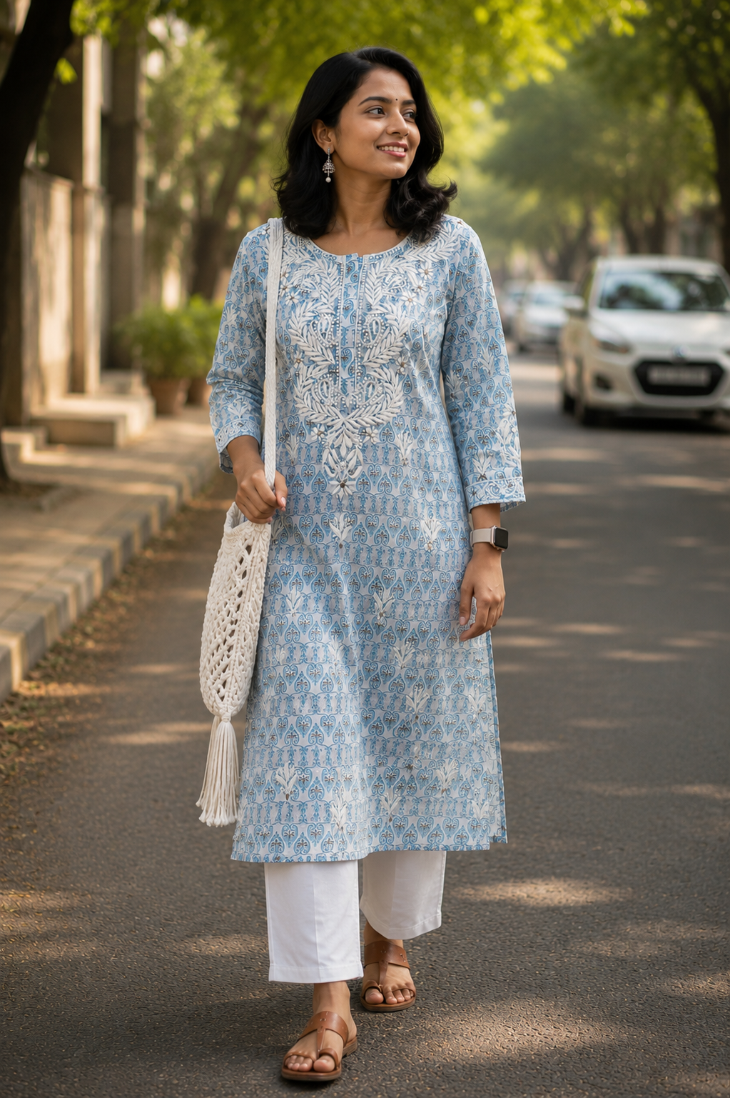 Blue Printed Cotton Chikankari Kurti - Image 1