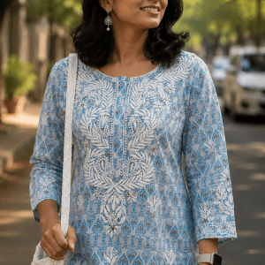 Blue Printed Cotton Chikankari Kurti - Image 2