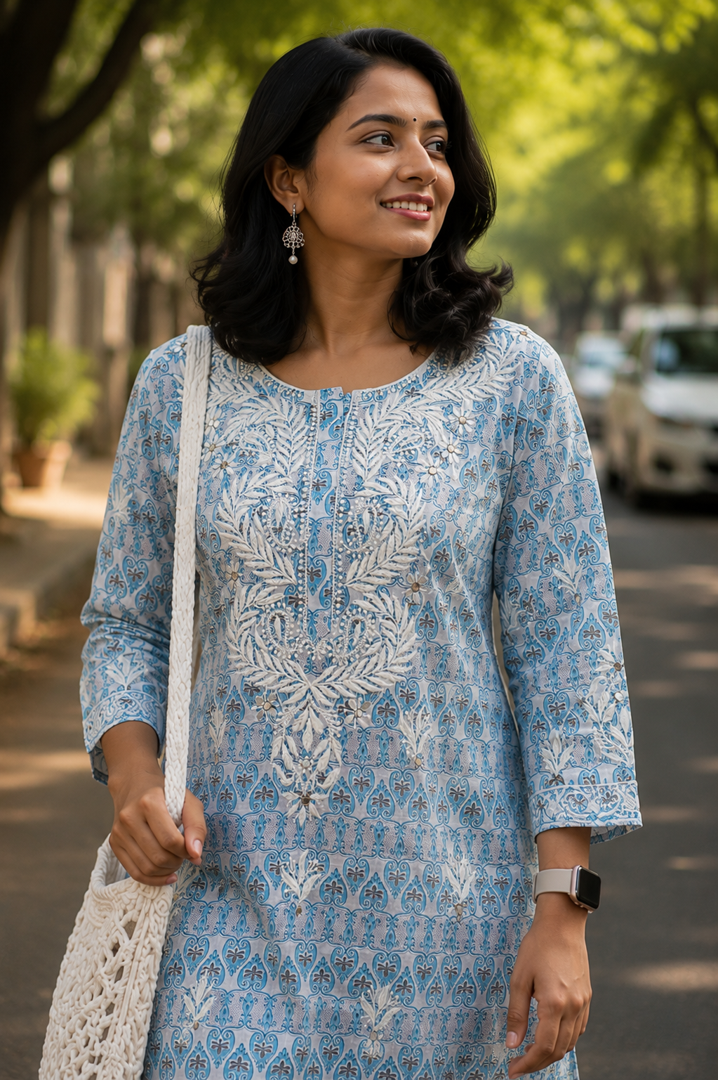 Blue Printed Cotton Chikankari Kurti - Image 2