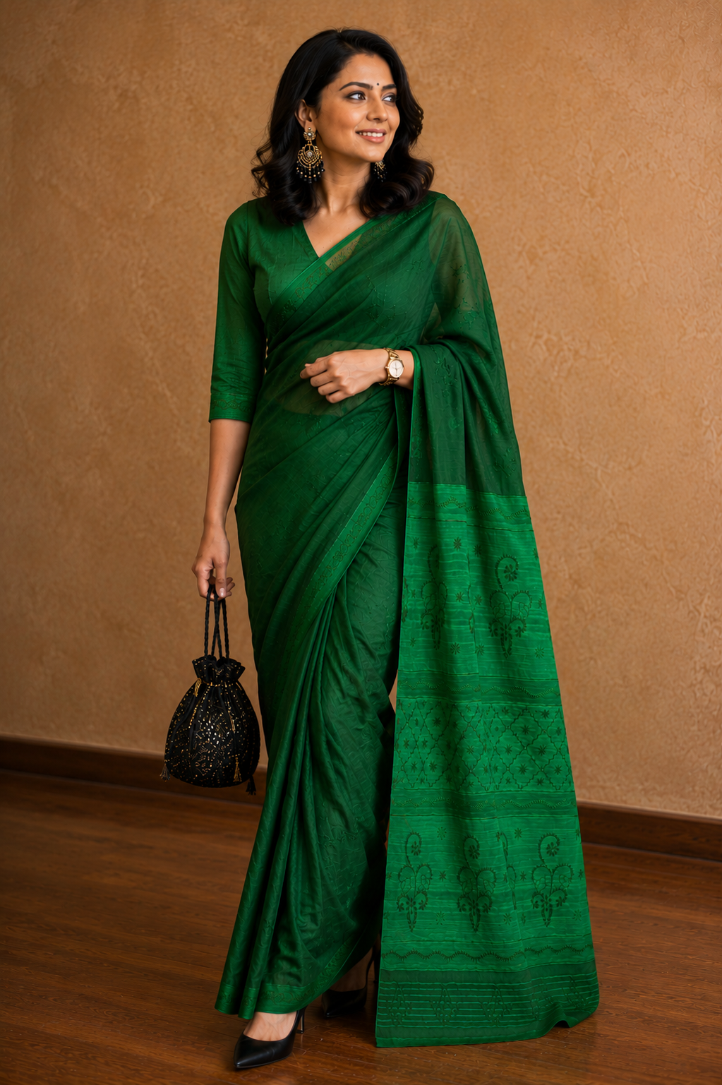 Green Pure Muga Silk Chikankari Saree - Image 1