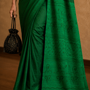 Green Pure Muga Silk Chikankari Saree - Image 2