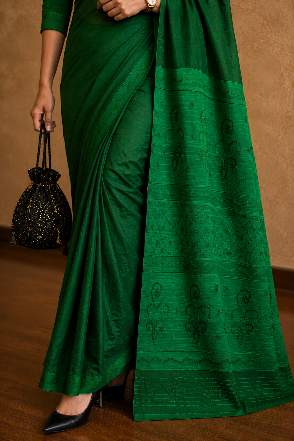 Green Pure Muga Silk Chikankari Saree - Image 2