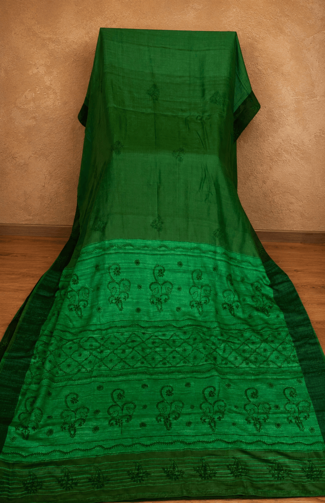 Green Pure Muga Silk Chikankari Saree