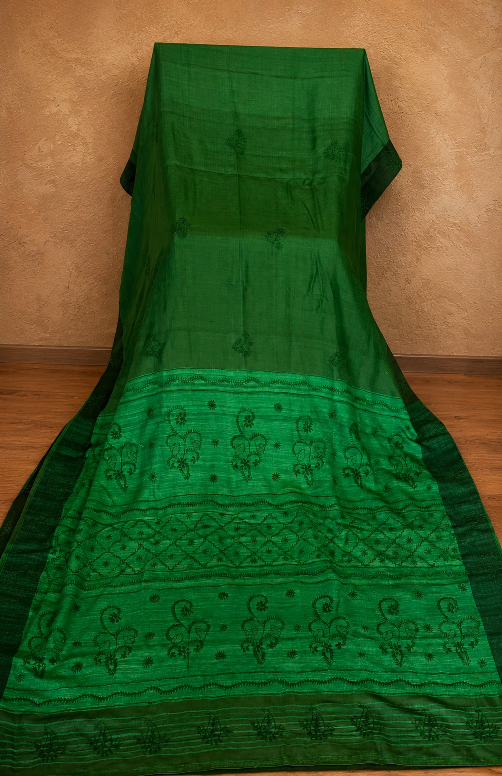 Green Pure Muga Silk Chikankari Saree - Image 3