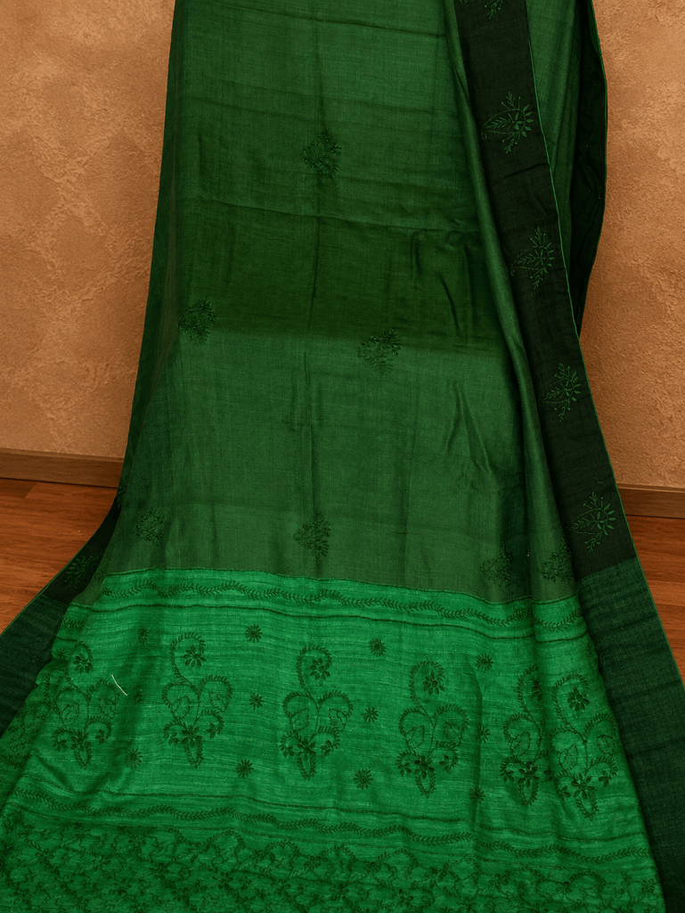 Green Pure Muga Silk Chikankari Saree
