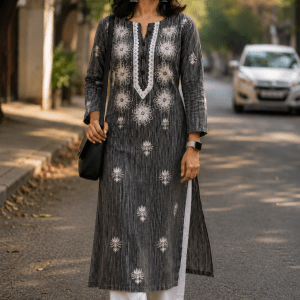 Black Daram Fabric Chikankari Kurti