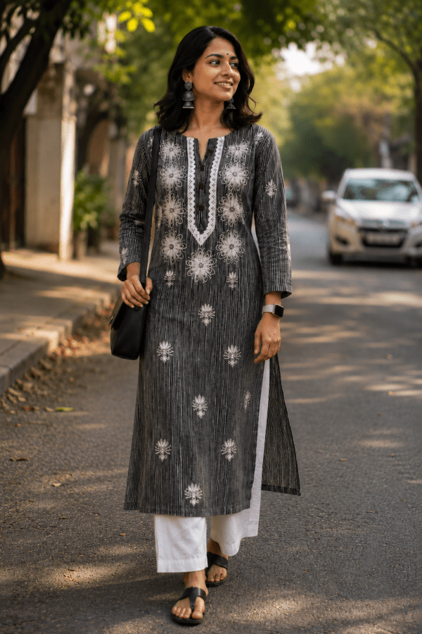 Black Daram Fabric Chikankari Kurti
