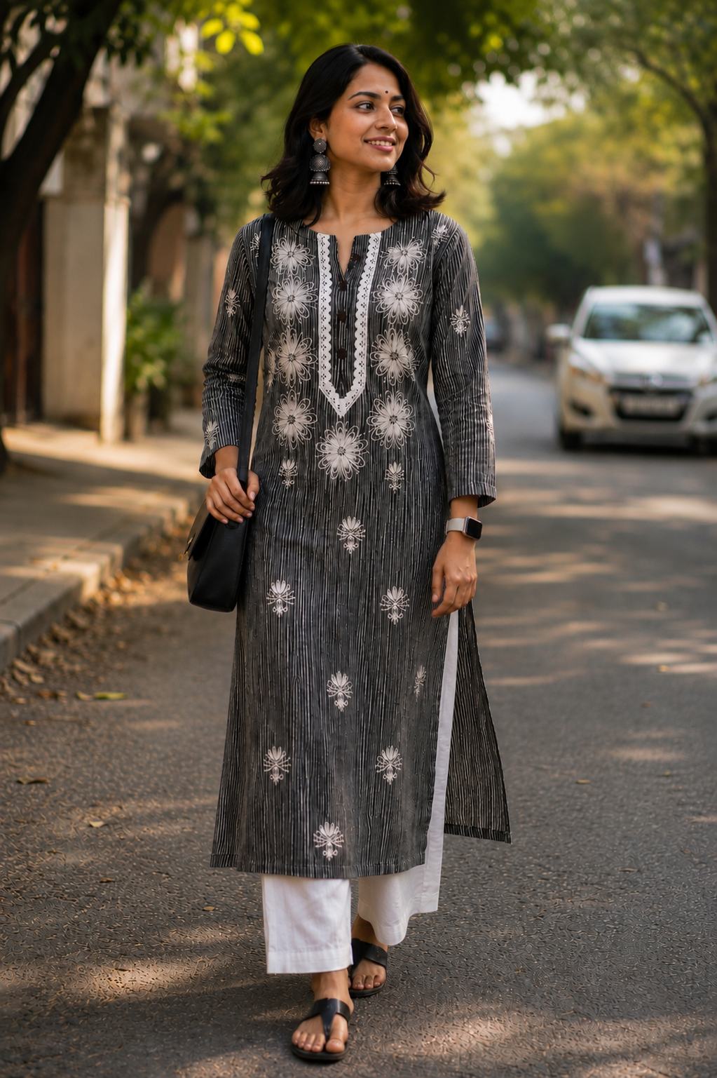 Black Daram Fabric Chikankari Kurti - Image 1