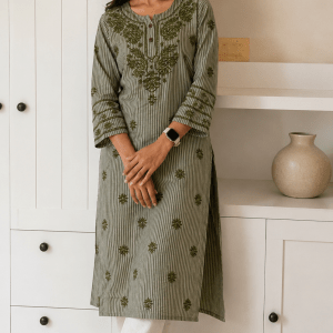Green Daram Fabric Chikankari Kurti - Image 1