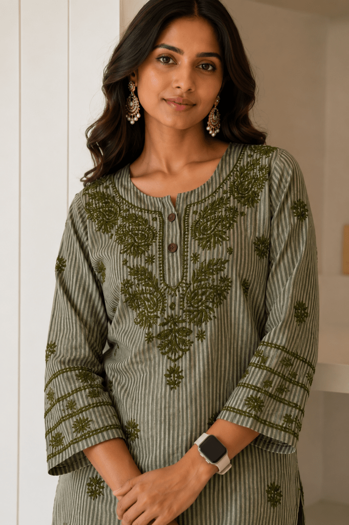 Green Daram Fabric Chikankari Kurti