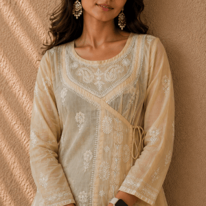 Fawn Cotton Mul Angarkha Chikankari Anarkali - Image 3