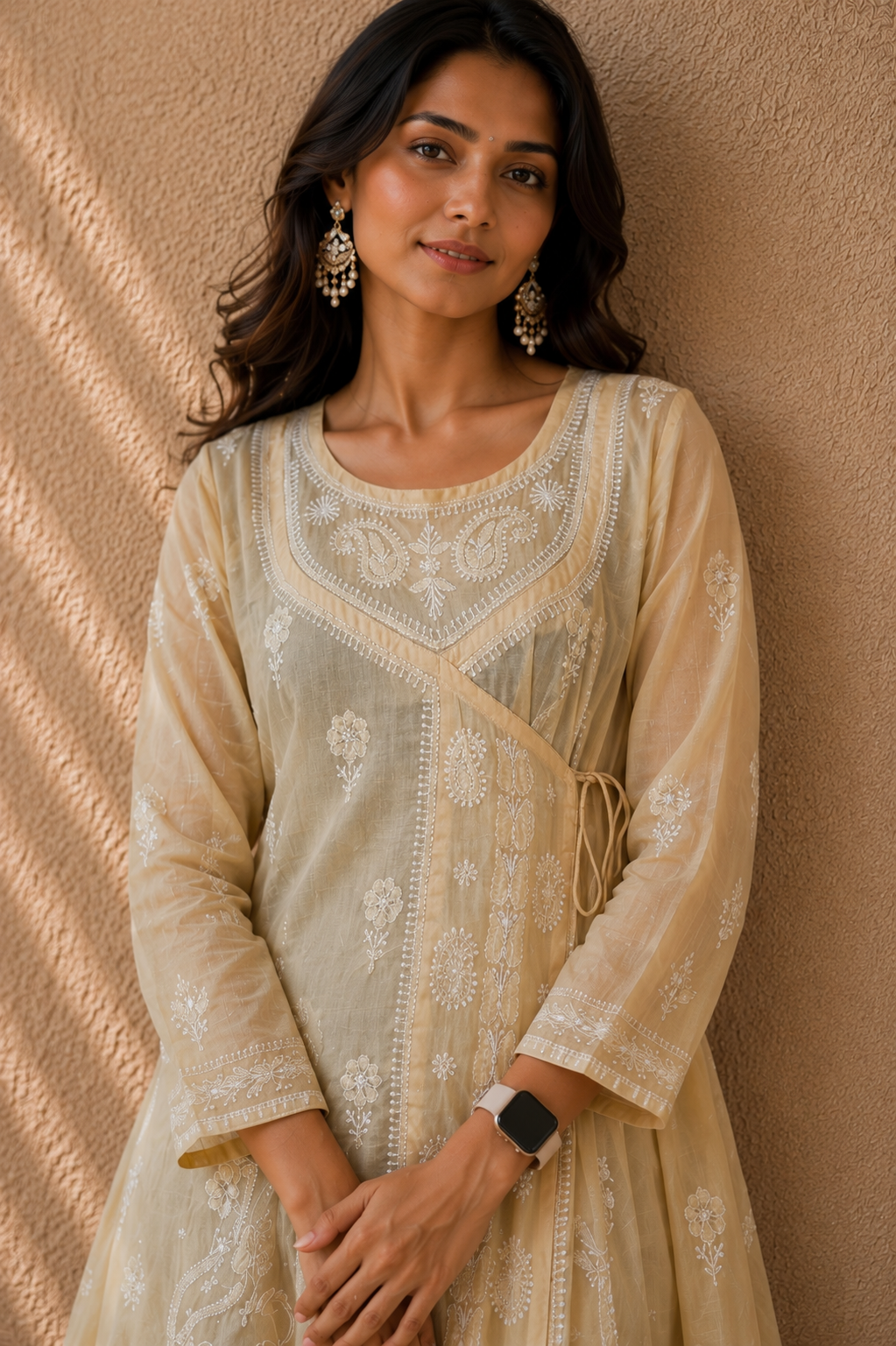 Fawn Cotton Mul Angarkha Chikankari Anarkali - Image 3
