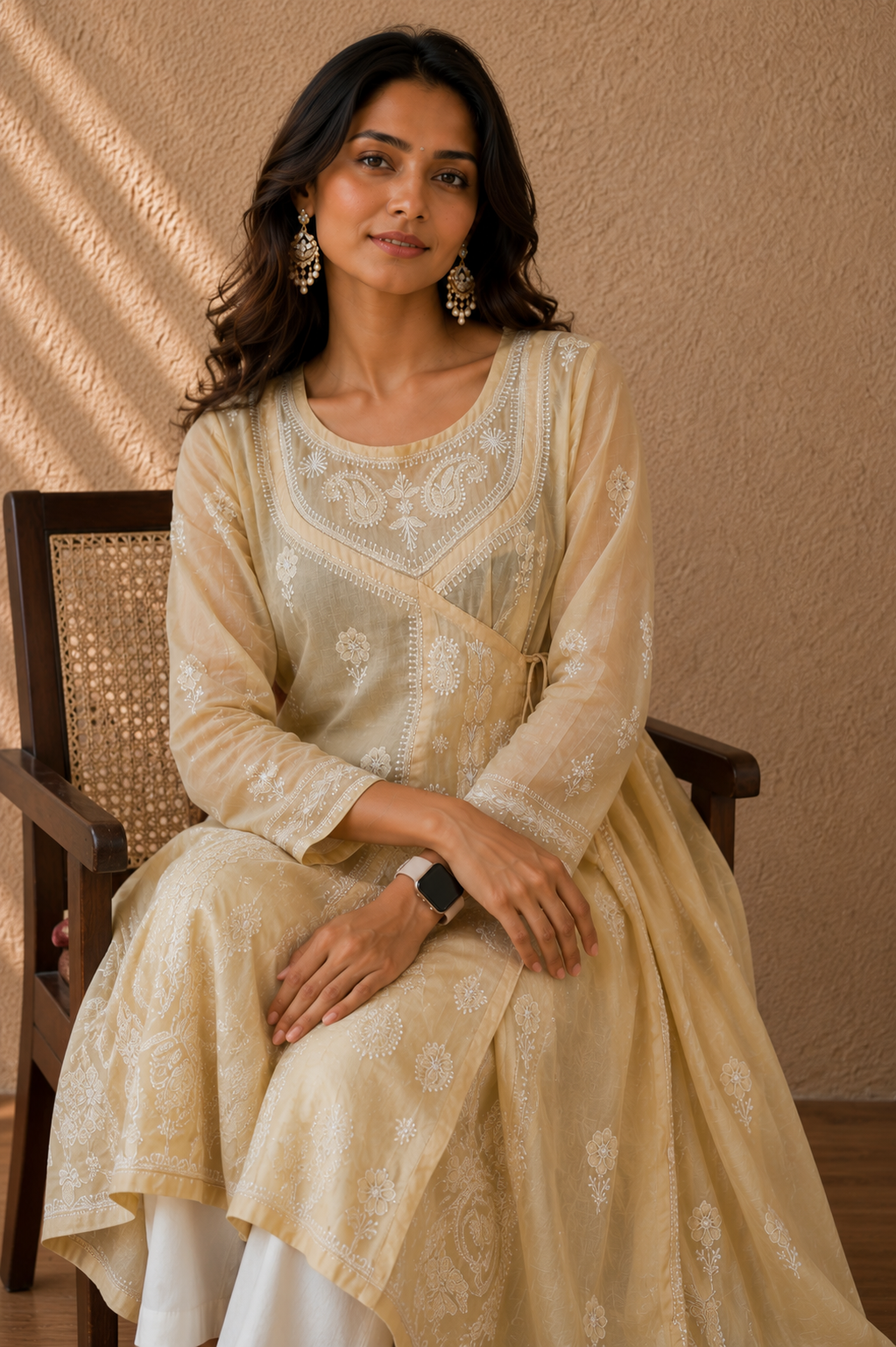 Fawn Cotton Mul Angarkha Chikankari Anarkali - Image 2