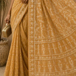Mustard Yellow Maheshwari Chikankari Saree & Blouse With Mirror Work - Image 2