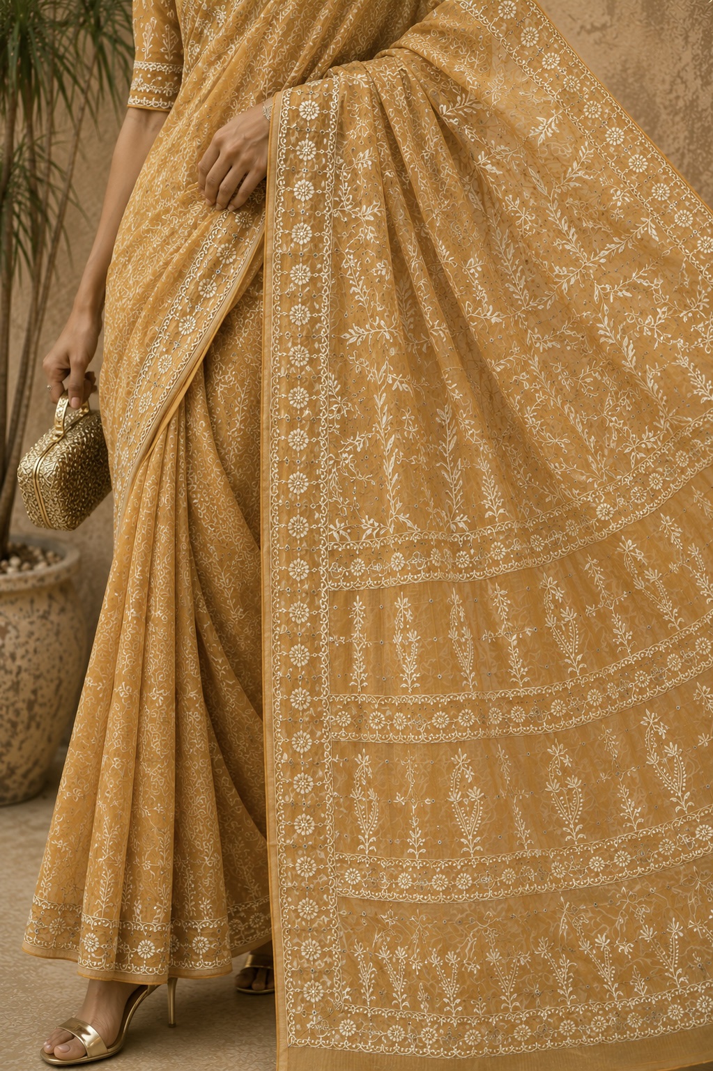 Mustard Yellow Maheshwari Chikankari Saree & Blouse With Mirror Work - Image 2