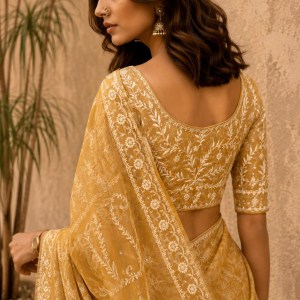 Mustard Yellow Maheshwari Chikankari Saree & Blouse With Mirror Work - Image 3