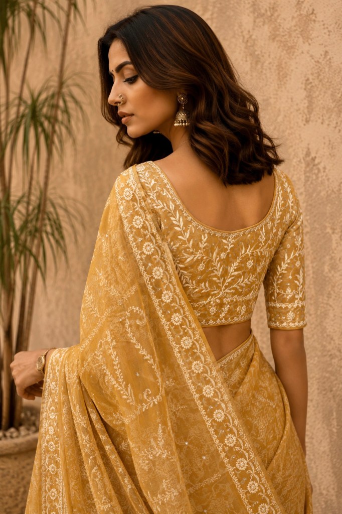Mustard Yellow Maheshwari Chikankari Saree & Blouse With Mirror Work