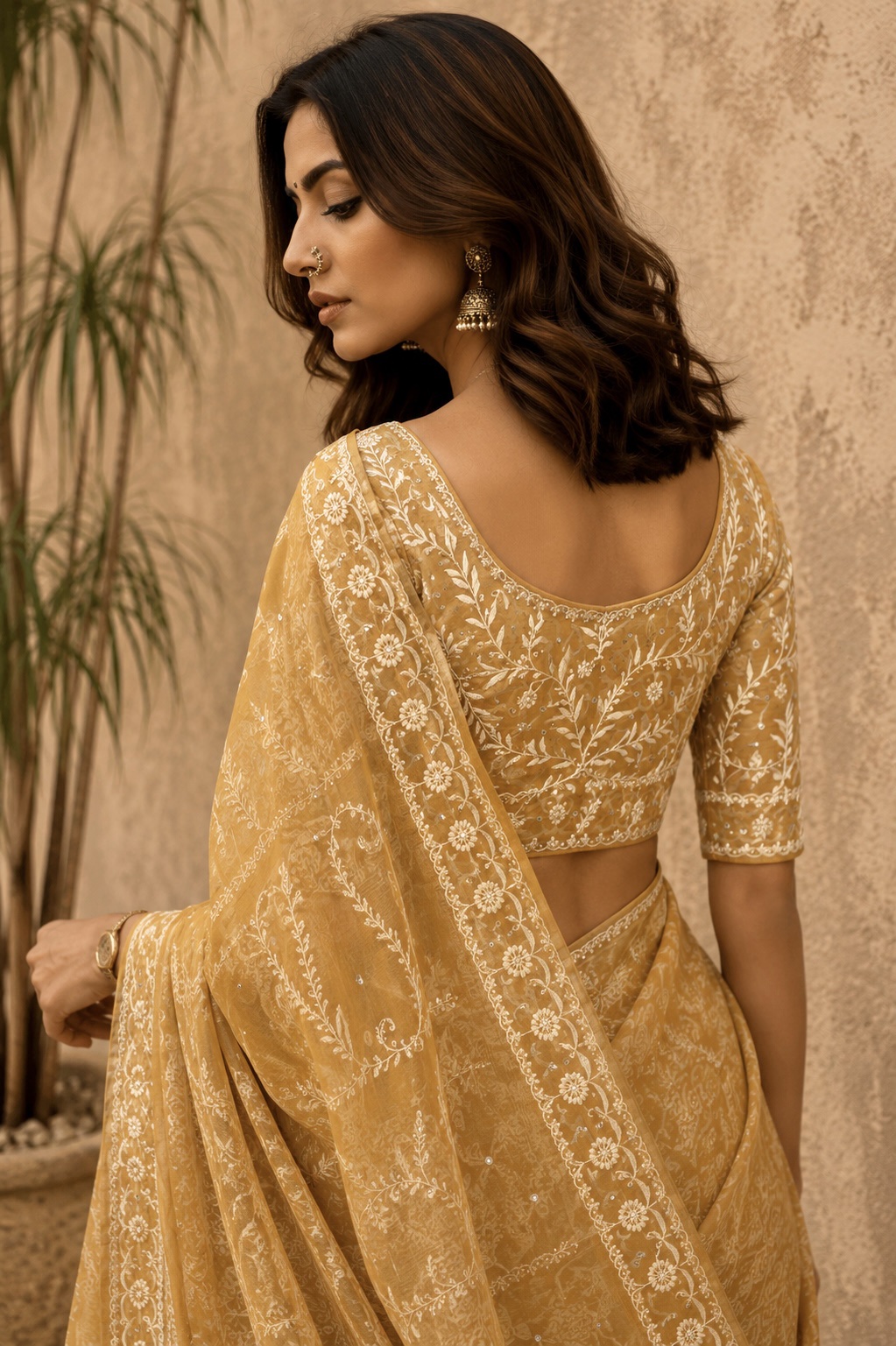 Mustard Yellow Maheshwari Chikankari Saree & Blouse With Mirror Work - Image 3