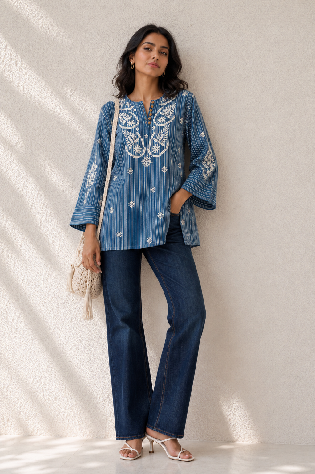 Organic Cotton Blue Chikankari Short Kurti - Image 1