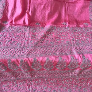 Pink Pure Muga Tussar Silk Chikankari Saree & Blouse - Image 2