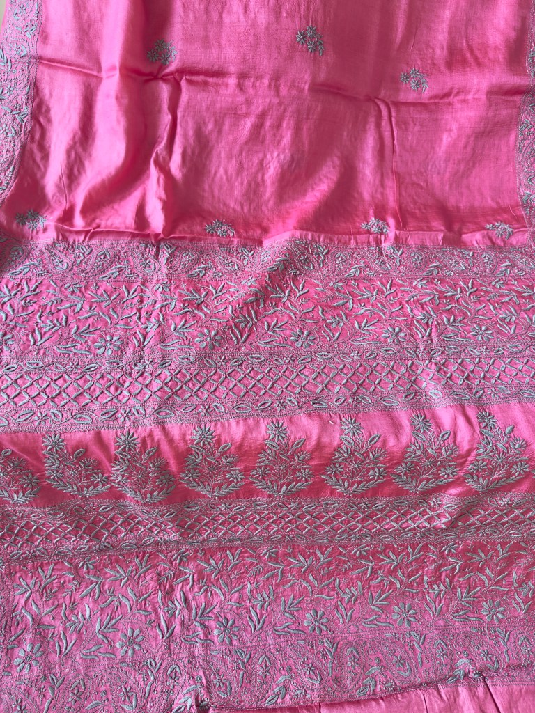 Pink Pure Muga Tussar Silk Chikankari Saree & Blouse