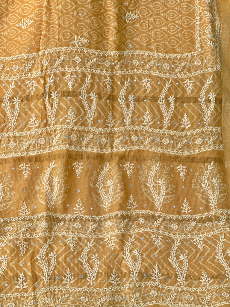 Mustard Yellow Maheshwari Chikankari Saree & Blouse With Mirror Work
