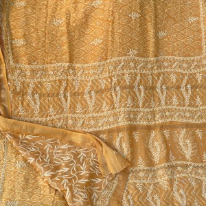 mustard yellow maheshwari chikankari saree