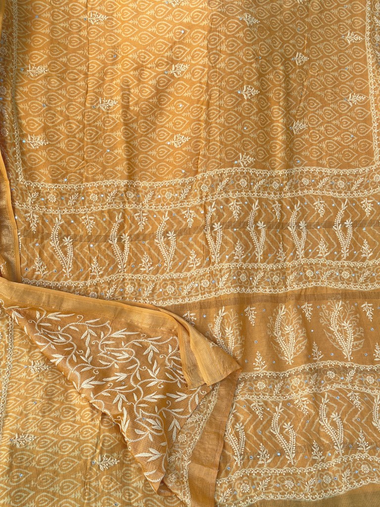 mustard yellow maheshwari chikankari saree