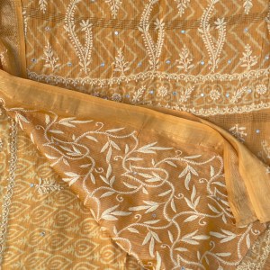 mustard yellow maheshwari chikankari saree