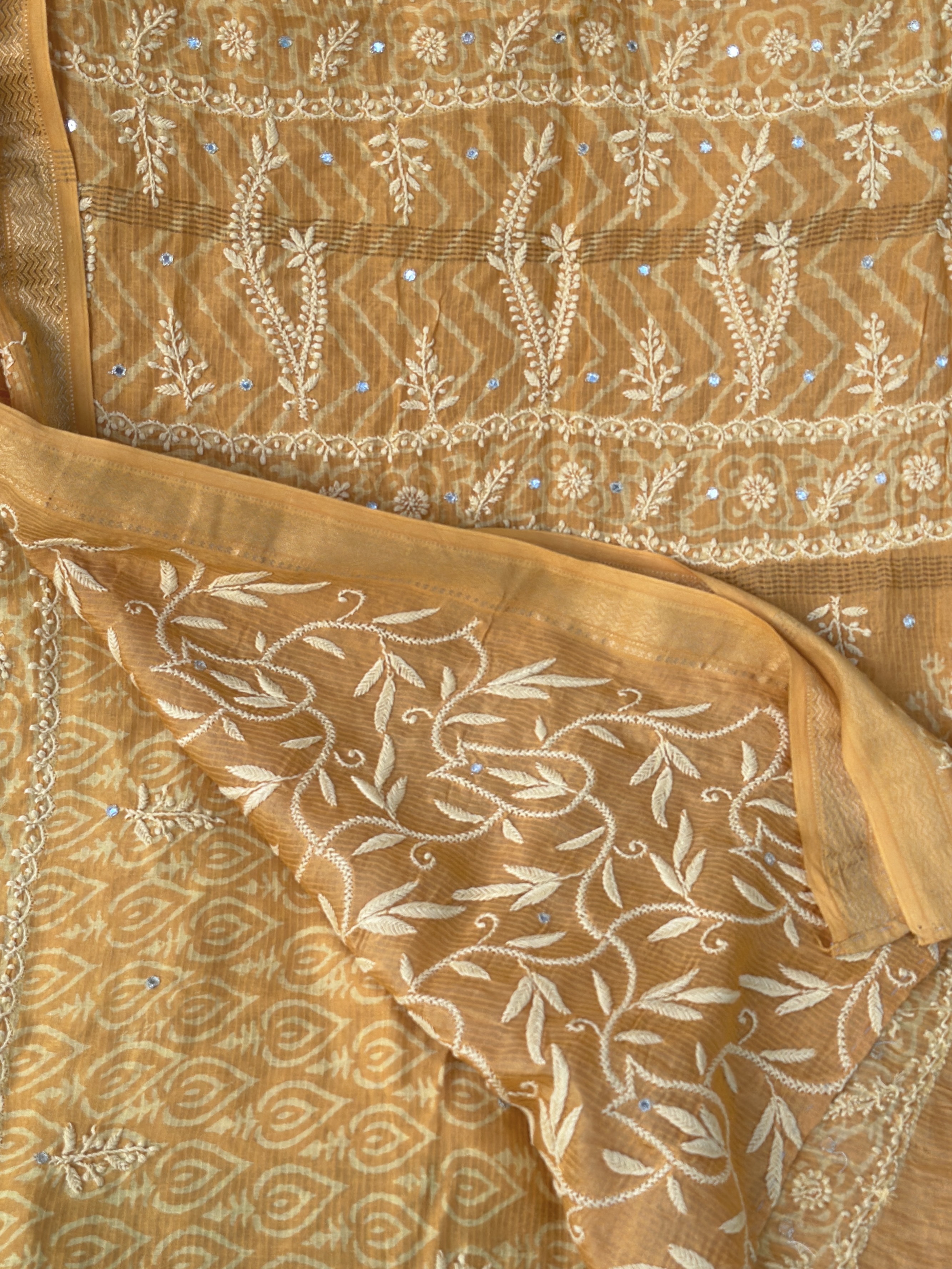 mustard yellow maheshwari chikankari saree