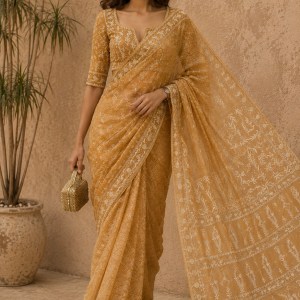 Mustard Yellow Maheshwari Chikankari Saree & Blouse With Mirror Work - Image 1