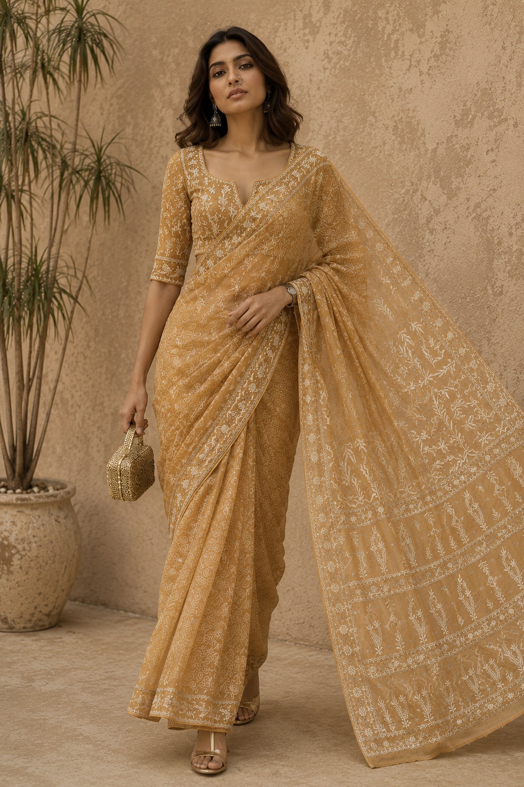 Mustard Yellow Maheshwari Chikankari Saree & Blouse With Mirror Work - Image 1