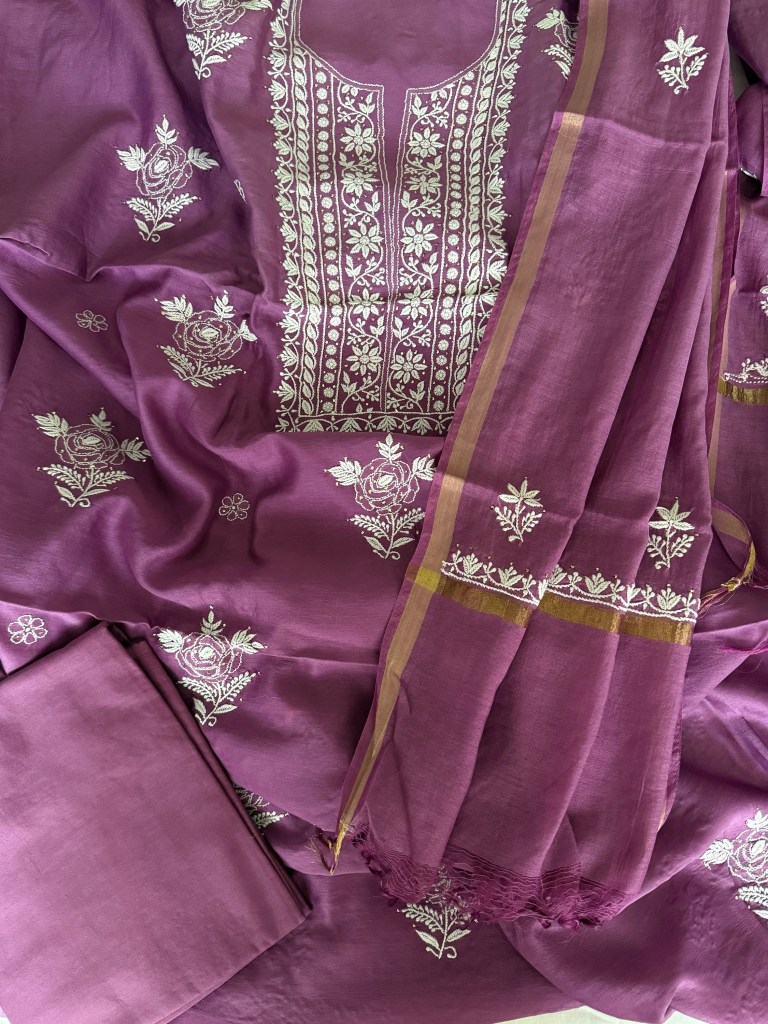Rouge Pink Pure Chanderi Chikankari Kurta Dupatta Fabric