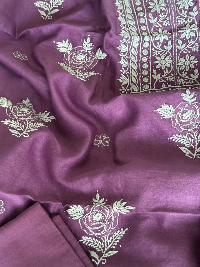 Rouge Pink Pure Chanderi Chikankari Kurta Dupatta Fabric