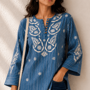 Organic Cotton Blue Chikankari Short Kurti - Image 2