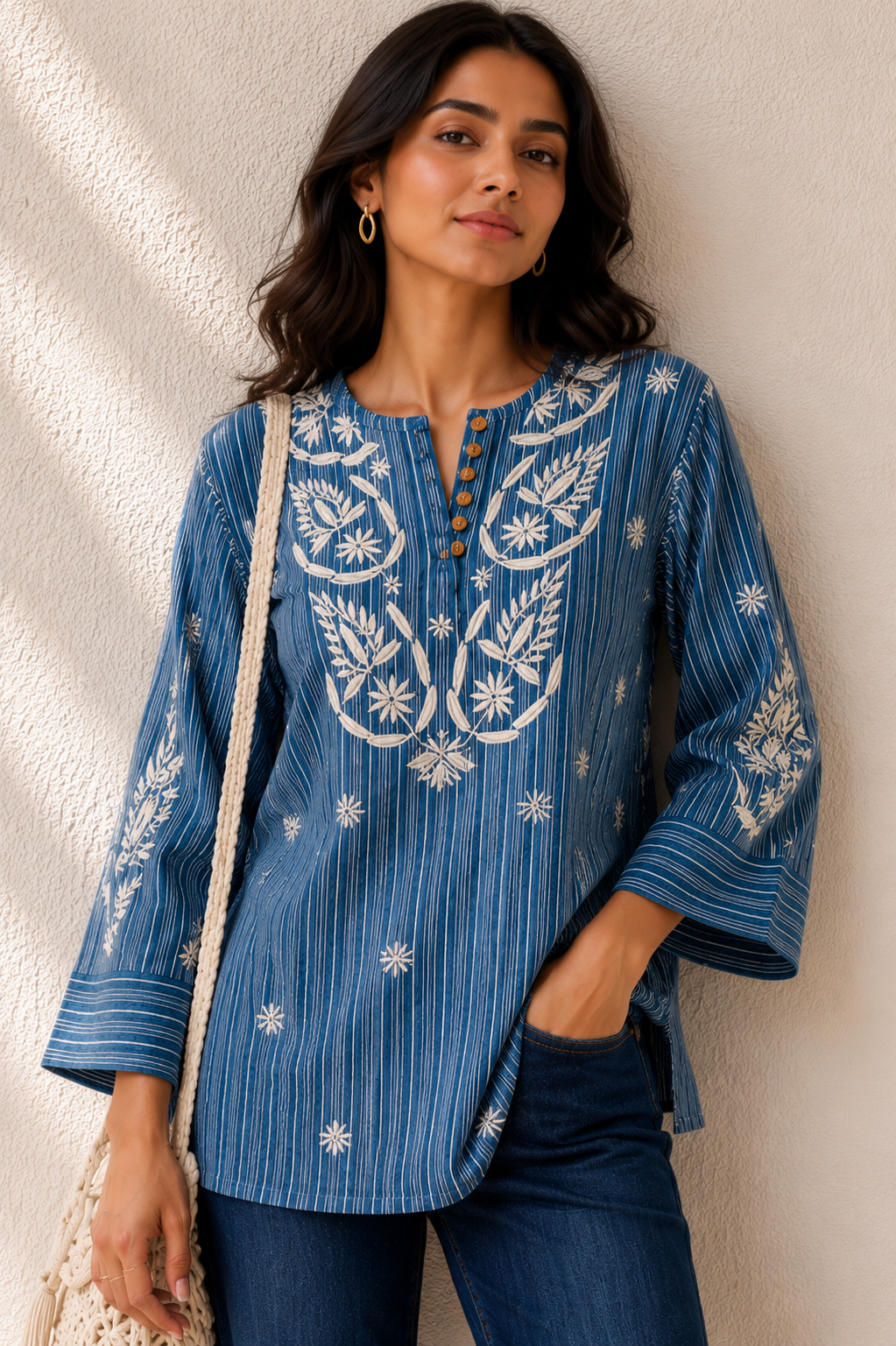 Organic Cotton Blue Chikankari Short Kurti - Image 2
